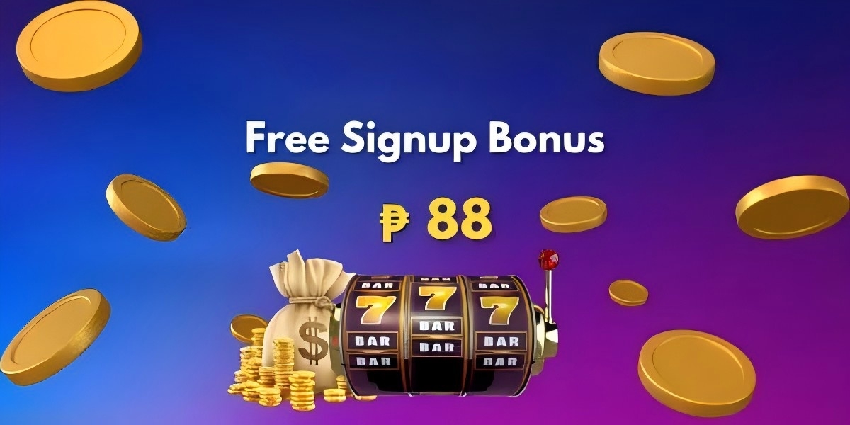 Free signup bonus banner with gold coins and a slot machine